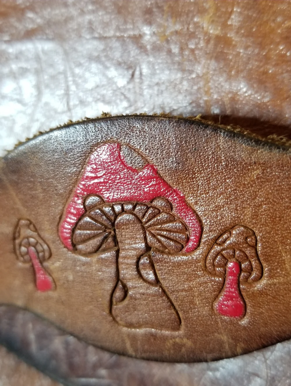 Vtg 70s Tooled Leather Mushroom Boho Saddle Bag Hippy Distressed Purse. - Picture 3 of 16